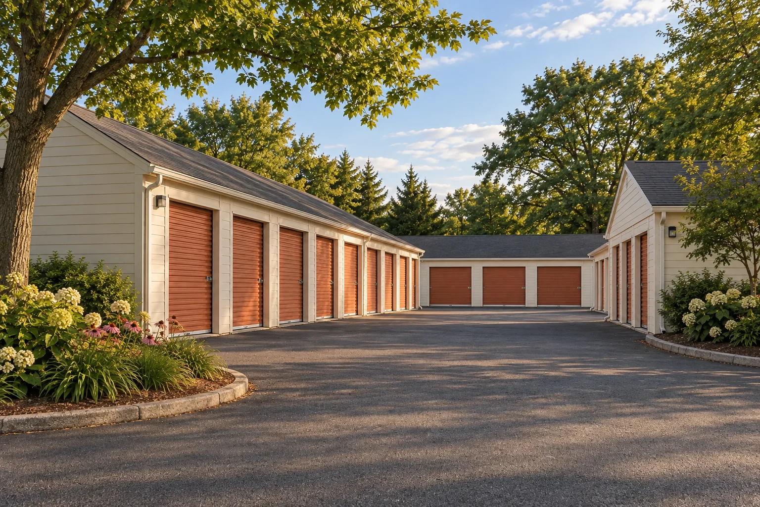 The landscaped entrance at Cedar Creek Storage