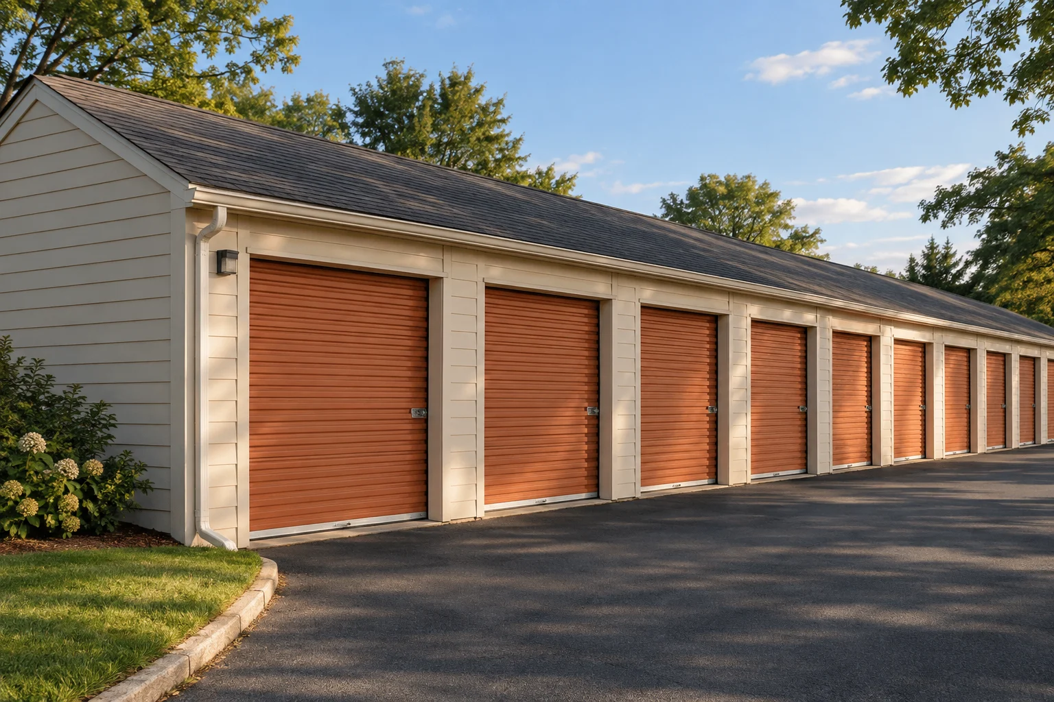Cedar Creek Storage: tree-lined storage buildings with terracotta doors